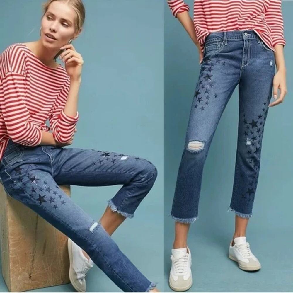 ANTHROPOLOGIE Pilcro Slim Boyfriend Jeans Star Embellished Size 26 Embroidered